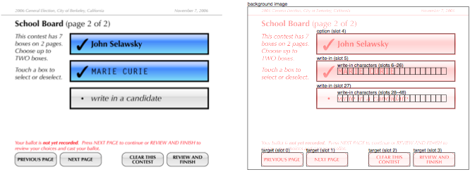 A selection page as it would appear to a voter, showing a contest and its options, and its corresponding layout, which shows the touch-sensitive areas of the screen marked with rectangles.